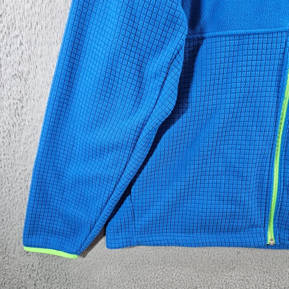 Lands End Mens Blue Grid Fleece Full Zip Jacket Lime Green Trim Large 42-44